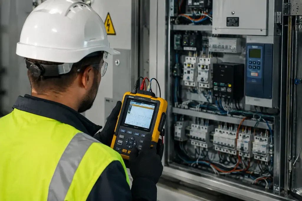 Technician using diagnostic equipment to investigate electrical equipment performance