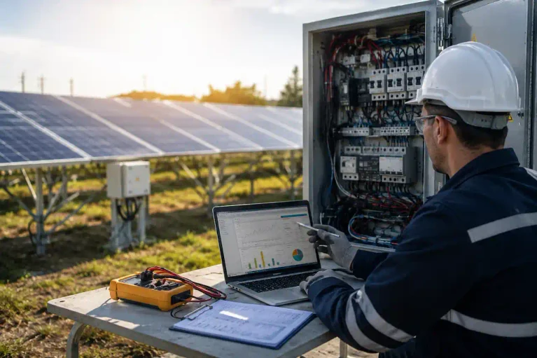 Technician diagnosing renewable energy asset underperformance at a solar power facility