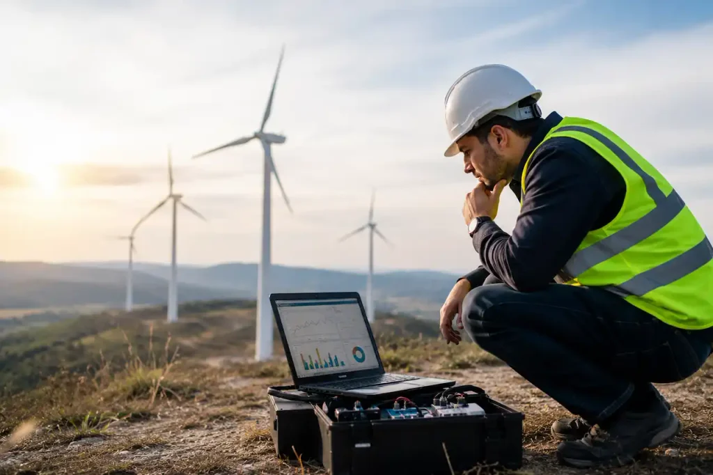 Renewable energy technician analyzing performance data at a wind farm