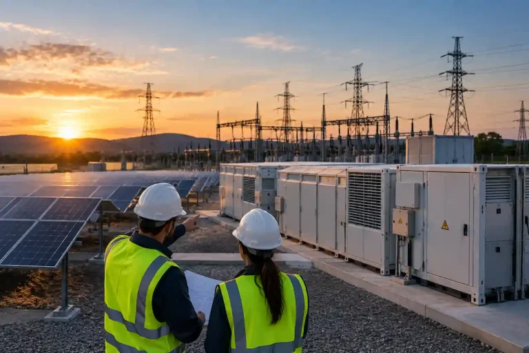 Solar BESS grid integration with battery storage and power grid infrastructure
